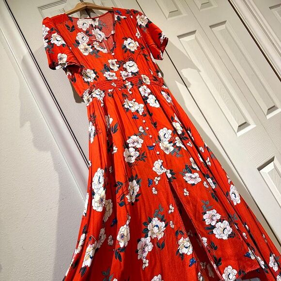 Retro Tomato Red & White Floral Flowy Short Sleeve Button Down A Line Maxi Dress - Picture 9 of 12